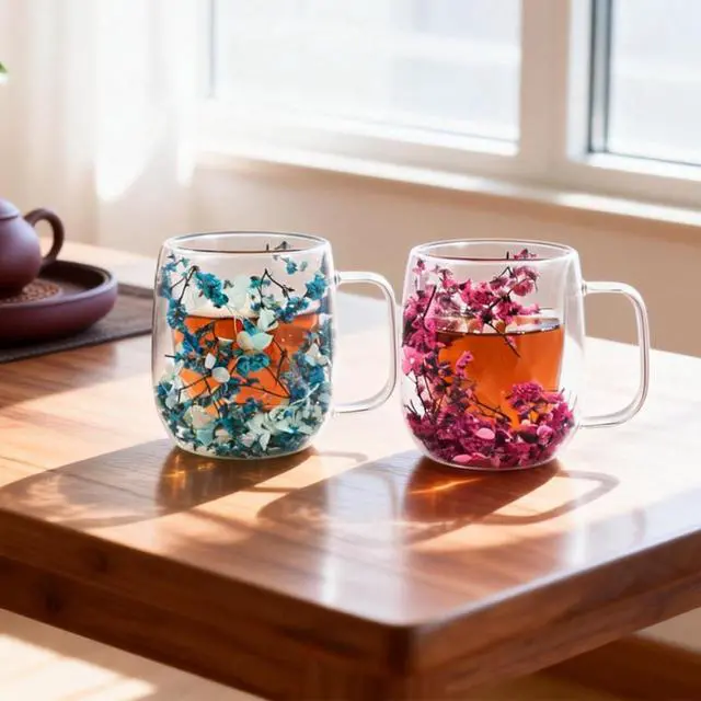 Alt view image 7 of 7 - Real Flower Glass Tea Cup, 13 oz Double Wall Glass Coffee Mug with Preserved Flowers, Borosilicate Floral Cup, Gift for Women