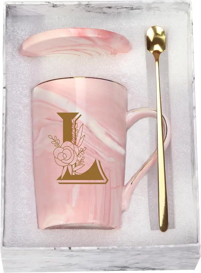Main image of WENSSY Pink Letter L with Flower Personalized Initial Mug, 14 Ounce, Novelty Coffee Mug for Women, Bridal Shower Gift, Dishwasher Safe