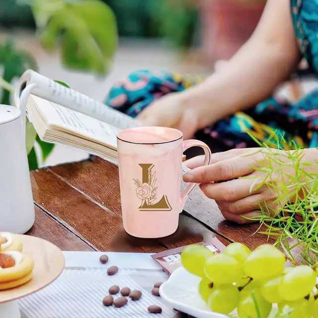 Alt view image 3 of 7 - WENSSY Pink Letter L with Flower Personalized Initial Mug, 14 Ounce, Novelty Coffee Mug for Women, Bridal Shower Gift, Dishwasher Safe