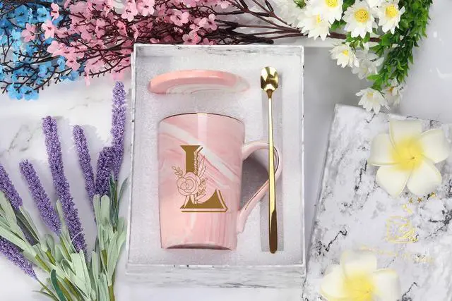 Alt view image 7 of 7 - WENSSY Pink Letter L with Flower Personalized Initial Mug, 14 Ounce, Novelty Coffee Mug for Women, Bridal Shower Gift, Dishwasher Safe