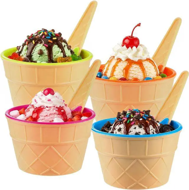 Main image of 4 Pack Ice Cream Bowls and Spoons Set Plastic Cups Party Favor Kids Gift
