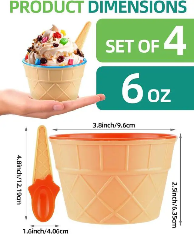 Alt view image 2 of 7 - 4 Pack Ice Cream Bowls and Spoons Set Plastic Cups Party Favor Kids Gift