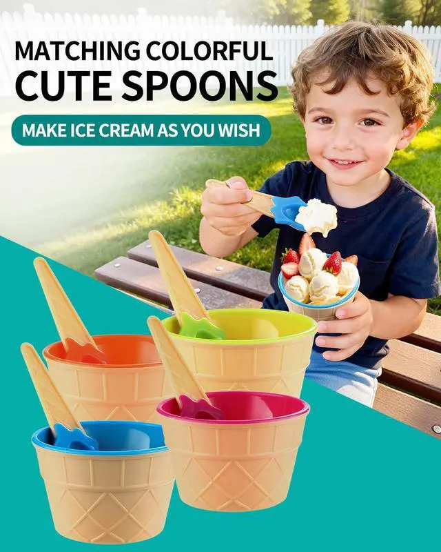 Alt view image 3 of 7 - 4 Pack Ice Cream Bowls and Spoons Set Plastic Cups Party Favor Kids Gift