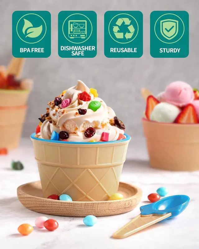Alt view image 4 of 7 - 4 Pack Ice Cream Bowls and Spoons Set Plastic Cups Party Favor Kids Gift