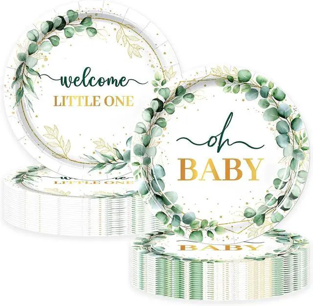 Main image of 50Pcs Baby Shower Paper Plates Sage Green Oh Baby Party Supplies Welcome Little One Baby Shower Plates 7 inch Disposable Paper Dessert Tableware Set for Gender Reveal Boy Girl Birthday Party