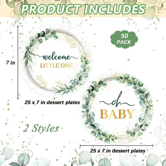 Alt view image 2 of 7 - 50Pcs Baby Shower Paper Plates Sage Green Oh Baby Party Supplies Welcome Little One Baby Shower Plates 7 inch Disposable Paper Dessert Tableware Set for Gender Reveal Boy Girl Birthday Party