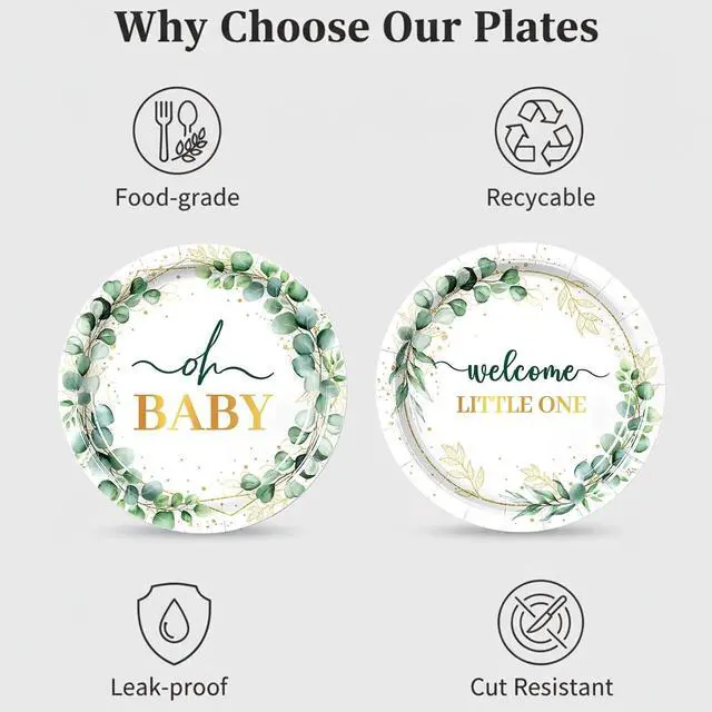 Alt view image 3 of 7 - 50Pcs Baby Shower Paper Plates Sage Green Oh Baby Party Supplies Welcome Little One Baby Shower Plates 7 inch Disposable Paper Dessert Tableware Set for Gender Reveal Boy Girl Birthday Party