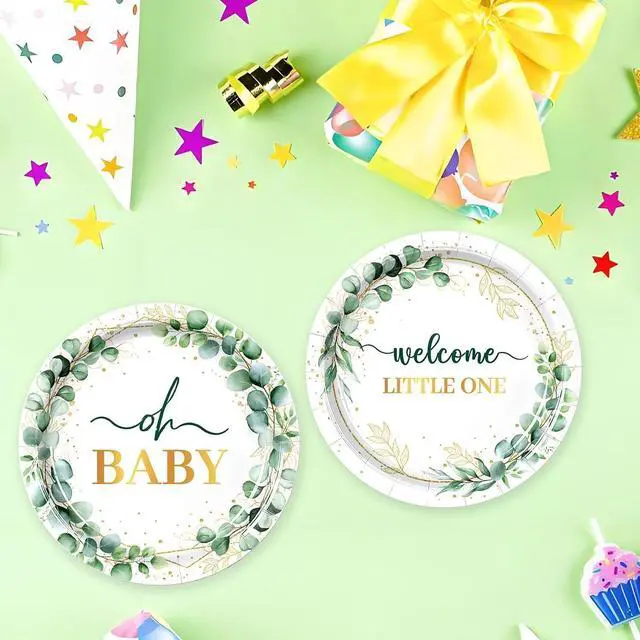 Alt view image 6 of 7 - 50Pcs Baby Shower Paper Plates Sage Green Oh Baby Party Supplies Welcome Little One Baby Shower Plates 7 inch Disposable Paper Dessert Tableware Set for Gender Reveal Boy Girl Birthday Party