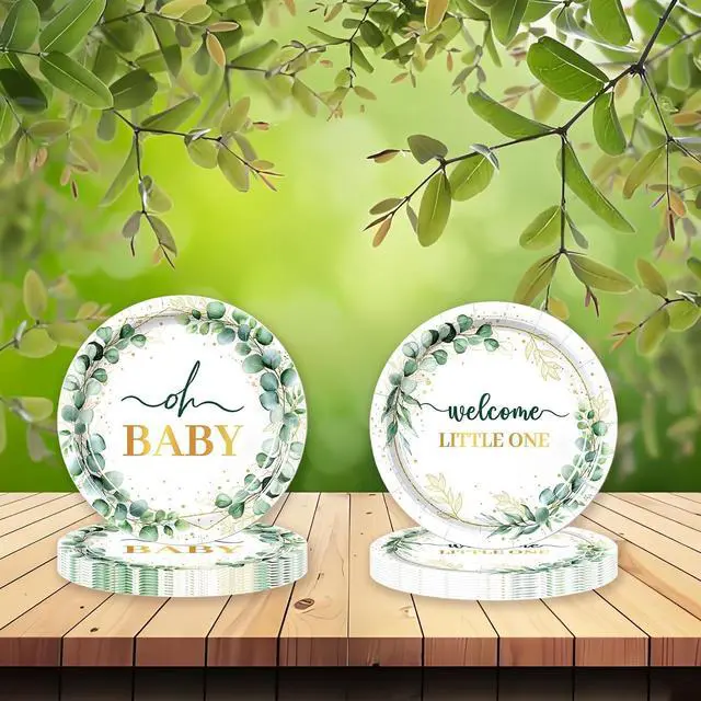Alt view image 7 of 7 - 50Pcs Baby Shower Paper Plates Sage Green Oh Baby Party Supplies Welcome Little One Baby Shower Plates 7 inch Disposable Paper Dessert Tableware Set for Gender Reveal Boy Girl Birthday Party