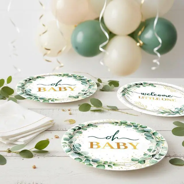 Alt view image 4 of 7 - 50Pcs Baby Shower Paper Plates Sage Green Oh Baby Party Supplies Welcome Little One Baby Shower Plates 7 inch Disposable Paper Dessert Tableware Set for Gender Reveal Boy Girl Birthday Party