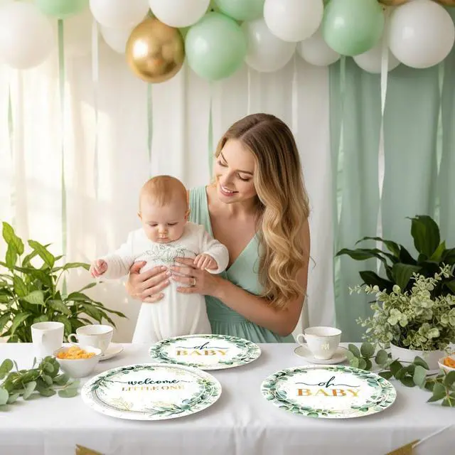 Alt view image 5 of 7 - 50Pcs Baby Shower Paper Plates Sage Green Oh Baby Party Supplies Welcome Little One Baby Shower Plates 7 inch Disposable Paper Dessert Tableware Set for Gender Reveal Boy Girl Birthday Party