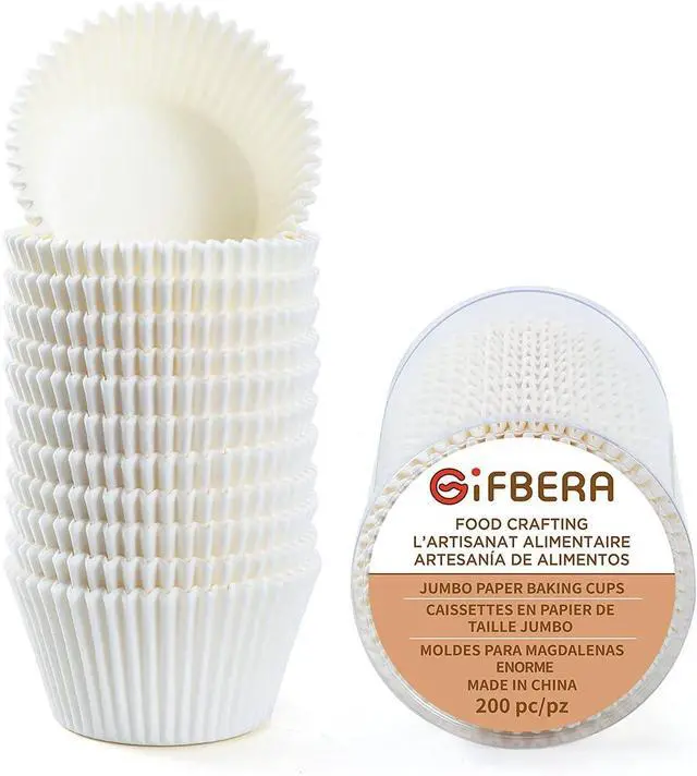 Main image of Gifbera White Jumbo Cupcake Muffin Liners Greaseproof Parchment Paper - Odorless Baking Cups Cupcake Wrappers for Wedding Birthday Celebration Occasion (200-Count)
