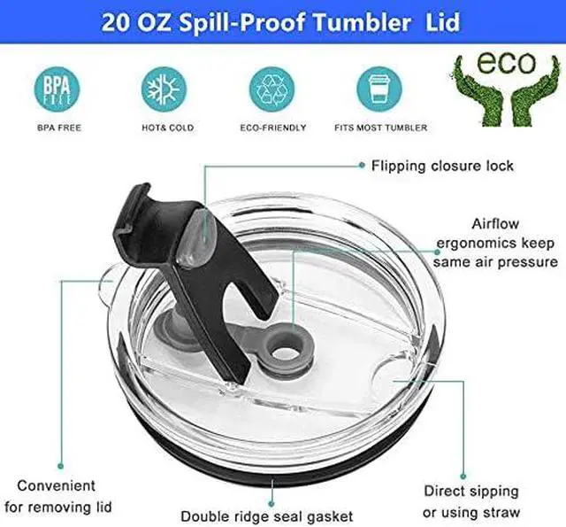 Alt view image 3 of 6 - Tumbler Lid for 20 Oz,2 Replacement Lids for 20oz Stainless Steel Tumbler Travel Cup Yeti,Ozark Trails and more Cooler Cup, Flip-top Splash Proof (Black, 20 OZ)