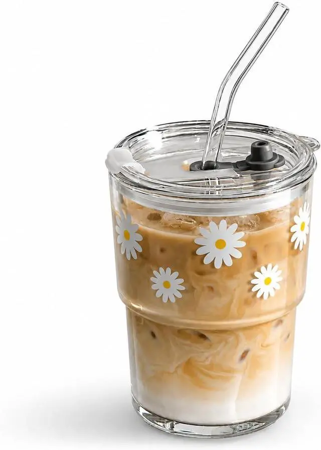 Main image of Olvini 13oz Glass Tumbler with Straw and Lid, Reusable Iced Coffee Cup Tumbler, Cute Glass Cups for Water, Matcha, Travel Coffee Mugs (Daisy)