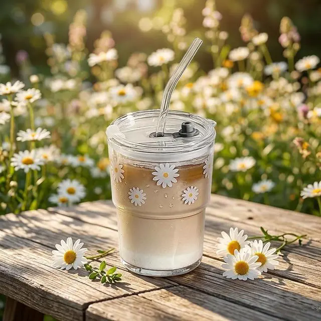 Alt view image 2 of 6 - Olvini 13oz Glass Tumbler with Straw and Lid, Reusable Iced Coffee Cup Tumbler, Cute Glass Cups for Water, Matcha, Travel Coffee Mugs (Daisy)