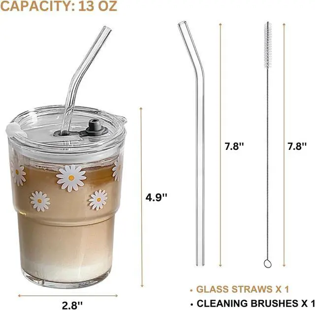 Alt view image 4 of 6 - Olvini 13oz Glass Tumbler with Straw and Lid, Reusable Iced Coffee Cup Tumbler, Cute Glass Cups for Water, Matcha, Travel Coffee Mugs (Daisy)