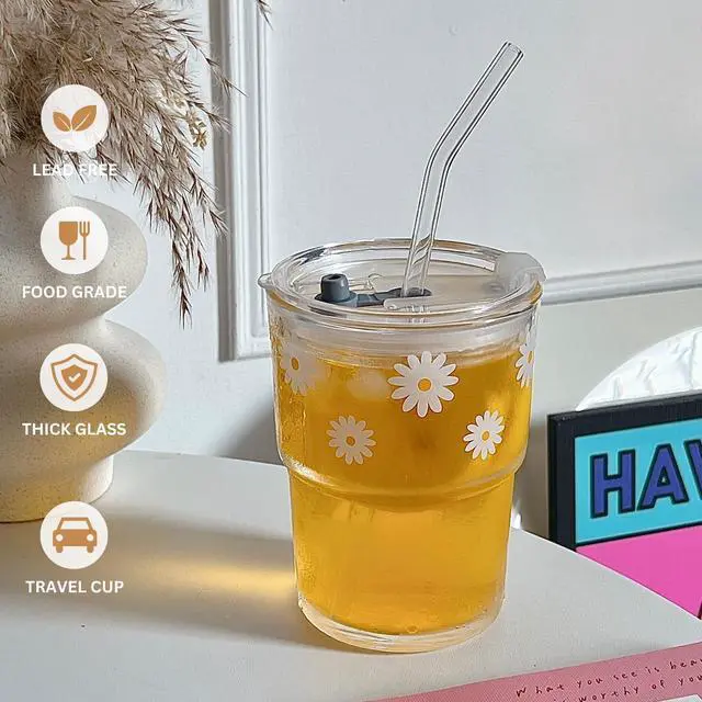 Alt view image 5 of 6 - Olvini 13oz Glass Tumbler with Straw and Lid, Reusable Iced Coffee Cup Tumbler, Cute Glass Cups for Water, Matcha, Travel Coffee Mugs (Daisy)