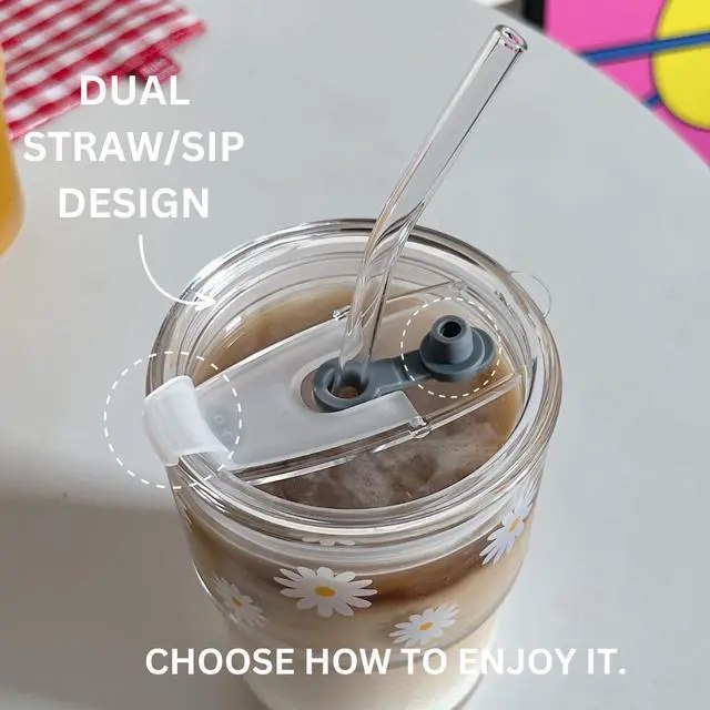 Alt view image 6 of 6 - Olvini 13oz Glass Tumbler with Straw and Lid, Reusable Iced Coffee Cup Tumbler, Cute Glass Cups for Water, Matcha, Travel Coffee Mugs (Daisy)