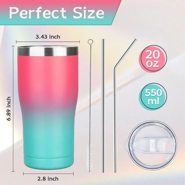 Alt view image 2 of 7 - MEZMUT 20oz Insulated Tumbler with Lid Straw Travel Coffee Mug (Pink-Green)