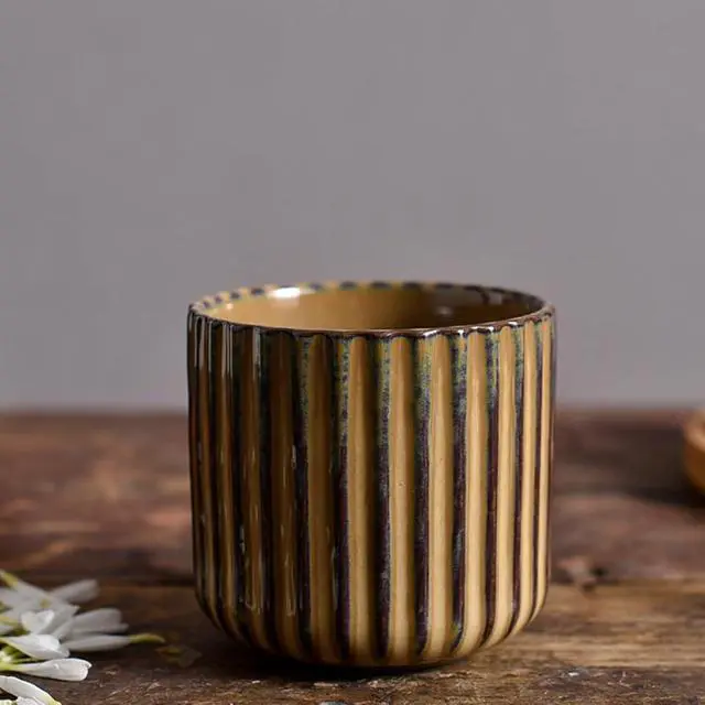 Alt view image 3 of 7 - Vintage Ceramic Mug, Japanese Tea Cup 6oz Striped Cup No Handle Drinking Cup for Espresso, Cortado, Matcha, Green Tea, Microwave and Dishwasher Safe, Kiln Transformation Cup (Brown)