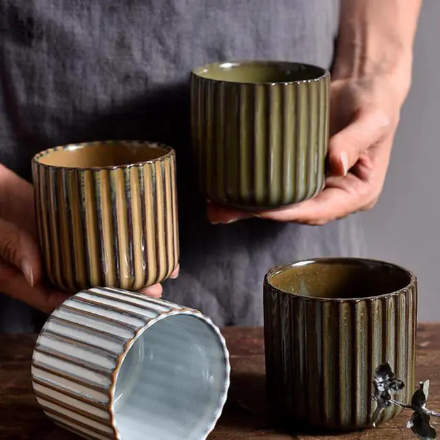 Alt view image 4 of 7 - Vintage Ceramic Mug, Japanese Tea Cup 6oz Striped Cup No Handle Drinking Cup for Espresso, Cortado, Matcha, Green Tea, Microwave and Dishwasher Safe, Kiln Transformation Cup (Brown)