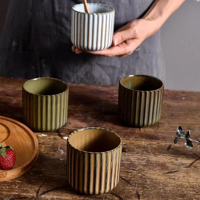 Alt view image 5 of 7 - Vintage Ceramic Mug, Japanese Tea Cup 6oz Striped Cup No Handle Drinking Cup for Espresso, Cortado, Matcha, Green Tea, Microwave and Dishwasher Safe, Kiln Transformation Cup (Brown)