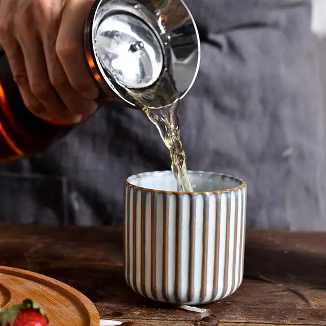 Alt view image 6 of 7 - Vintage Ceramic Mug, Japanese Tea Cup 6oz Striped Cup No Handle Drinking Cup for Espresso, Cortado, Matcha, Green Tea, Microwave and Dishwasher Safe, Kiln Transformation Cup (Brown)