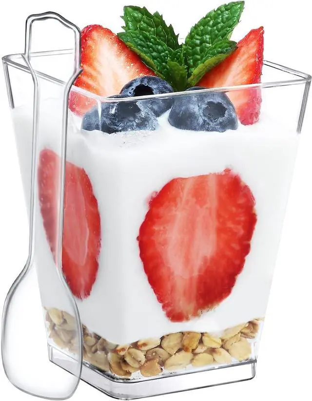 Main image of SHOPDAY 5 Oz-Plastic-Dessert-Cups: 30 Pack Square-Clear-Cup-with-Spoons, Small Parfait-Cup Mini Plastic Appetizer Shooter Cups for Party Yogurt Mousse