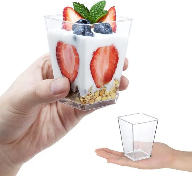 Alt view image 3 of 7 - SHOPDAY 5 Oz-Plastic-Dessert-Cups: 30 Pack Square-Clear-Cup-with-Spoons, Small Parfait-Cup Mini Plastic Appetizer Shooter Cups for Party Yogurt Mousse
