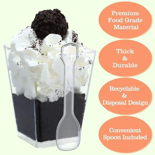 Alt view image 4 of 7 - SHOPDAY 5 Oz-Plastic-Dessert-Cups: 30 Pack Square-Clear-Cup-with-Spoons, Small Parfait-Cup Mini Plastic Appetizer Shooter Cups for Party Yogurt Mousse