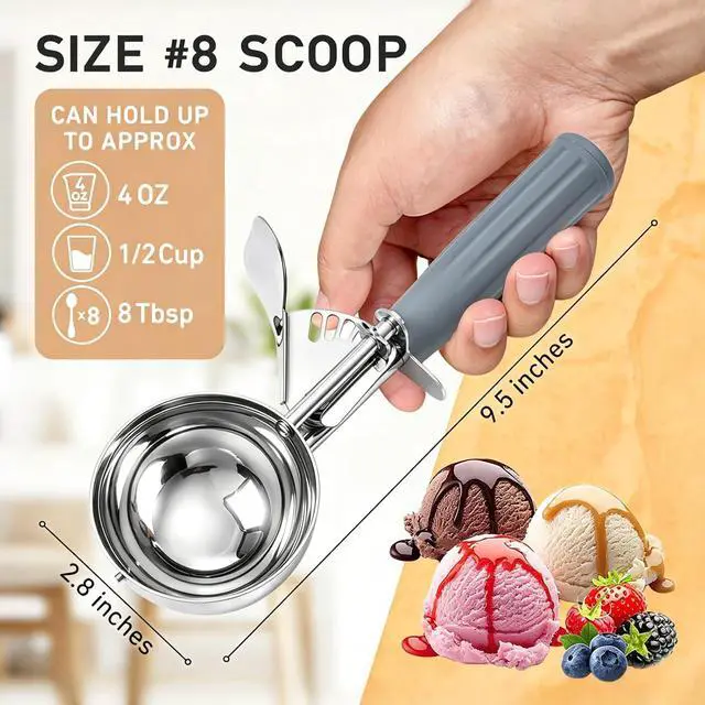 Alt view image 2 of 7 - Fayomir 4 oz Scoop, Large Ice Cream Scoop with Trigger, #8 Portion Scoop, Muffin Scoop, Gray Handle, Food Scoop for Ice Cream, Muffin, Cupcake Batter, Mashed Potato, Cookie Dough