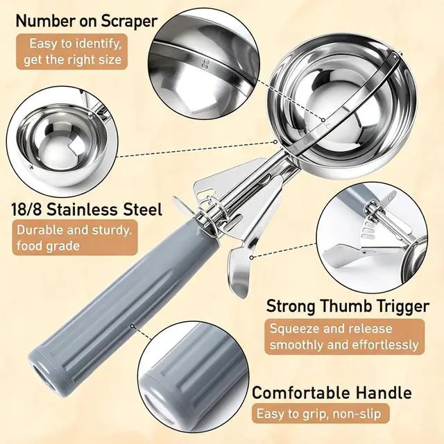 Alt view image 3 of 7 - Fayomir 4 oz Scoop, Large Ice Cream Scoop with Trigger, #8 Portion Scoop, Muffin Scoop, Gray Handle, Food Scoop for Ice Cream, Muffin, Cupcake Batter, Mashed Potato, Cookie Dough