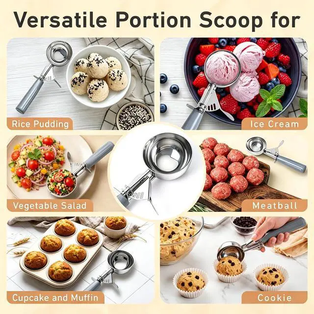 Alt view image 7 of 7 - Fayomir 4 oz Scoop, Large Ice Cream Scoop with Trigger, #8 Portion Scoop, Muffin Scoop, Gray Handle, Food Scoop for Ice Cream, Muffin, Cupcake Batter, Mashed Potato, Cookie Dough