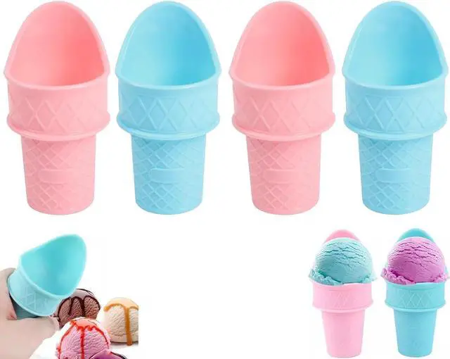 Main image of Vanleonet 4Pcs Ice Cream Cone Holder, 2024 New Plastic Ice Cream Snow Cone Rack, Kiddie Cones Ice Cream Scoops, Reusable Food Grade Ice Cream Cup Spoon For Birthday Party, Gifts For Kids
