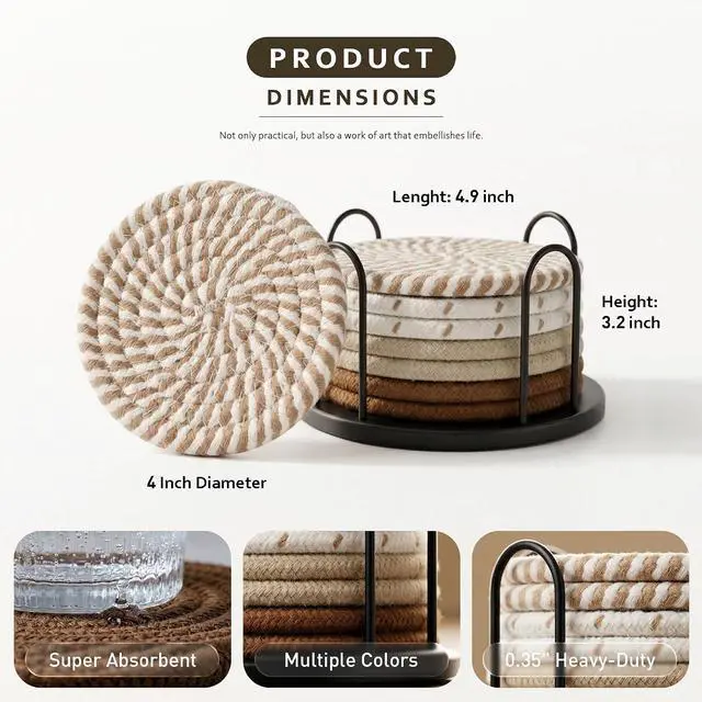 Alt view image 4 of 6 - Lazebox Coasters Set of 8 for Drinks, 4 Inch Large Coasters for Coffee Table, Tabletop Protection for Hot & Cold Drinks, Versatile Coasters for Home Decor, Non-Slip & Easy to Clean, Coffee