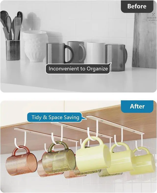 Alt view image 2 of 7 - 3 Pack Mug Hooks Under Cabinet with 9 Hooks for Displaying Mugs, White
