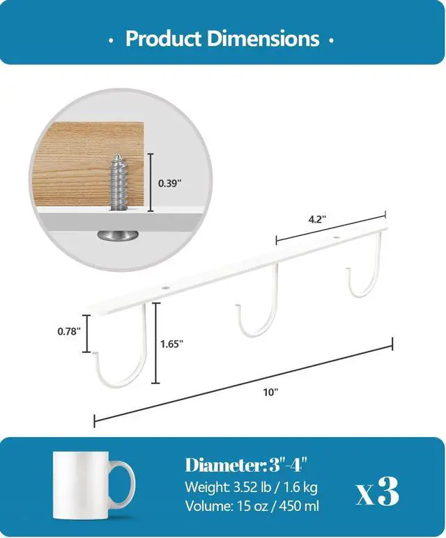 Alt view image 4 of 7 - 3 Pack Mug Hooks Under Cabinet with 9 Hooks for Displaying Mugs, White