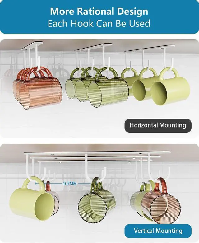 Alt view image 5 of 7 - 3 Pack Mug Hooks Under Cabinet with 9 Hooks for Displaying Mugs, White