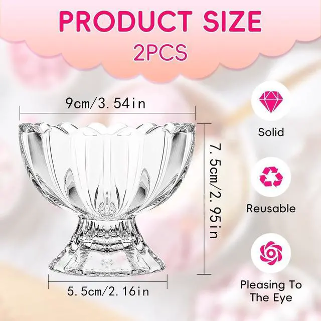 Alt view image 2 of 7 - 2Pcs 5oz Vintage Glass Dessert Bowls, Heavy Base Ice Cream Cups Sundae Bowl