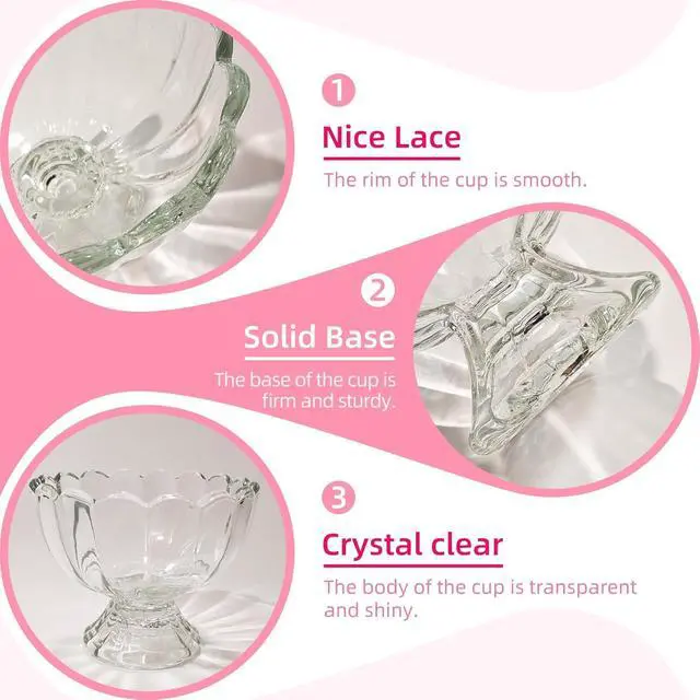 Alt view image 3 of 7 - 2Pcs 5oz Vintage Glass Dessert Bowls, Heavy Base Ice Cream Cups Sundae Bowl