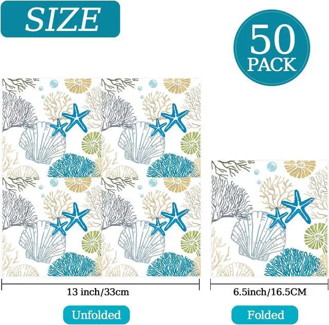 Alt view image 2 of 7 - 50 Pcs Ocean Seashell Napkins 13 x 13 Inches, Coastal Beach Paper Napkins Disposable Luncheon Party Napkin Cocktail Napkins for Summer Birthday Baby Shower Beach Party Decorations (Ocean)