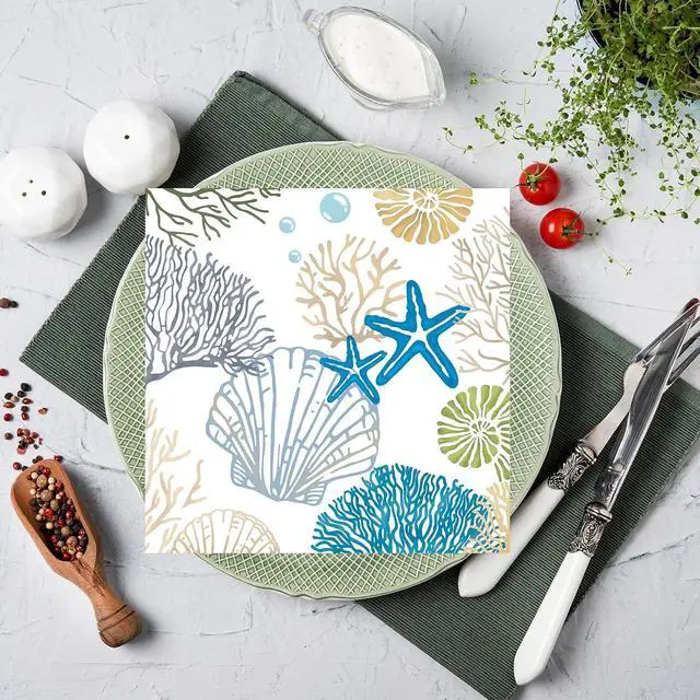 Alt view image 4 of 7 - 50 Pcs Ocean Seashell Napkins 13 x 13 Inches, Coastal Beach Paper Napkins Disposable Luncheon Party Napkin Cocktail Napkins for Summer Birthday Baby Shower Beach Party Decorations (Ocean)