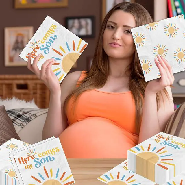 Alt view image 5 of 6 - Here Comes The Son Baby Shower Decoration, 40pcs Disposable Retro Boho Sun Napkins Paper Little Ray Of Sunshine Baby Shower Napkins The Boho Sun Party Decorations for Boys Kids Birthday Supplies