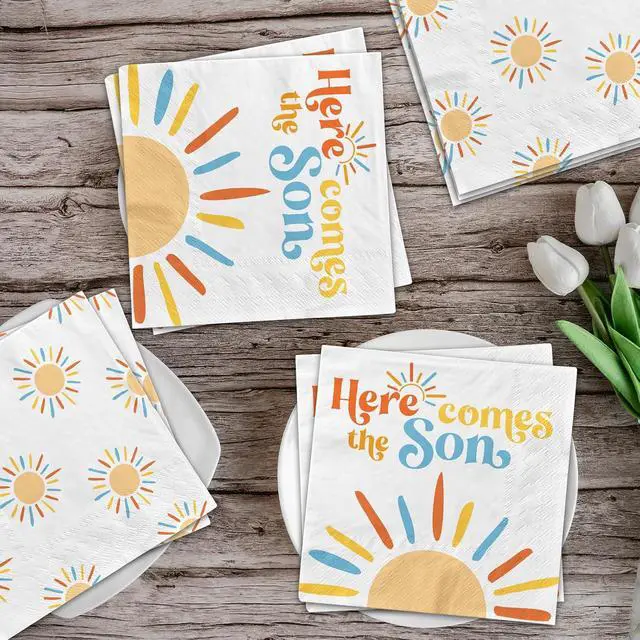 Alt view image 6 of 6 - Here Comes The Son Baby Shower Decoration, 40pcs Disposable Retro Boho Sun Napkins Paper Little Ray Of Sunshine Baby Shower Napkins The Boho Sun Party Decorations for Boys Kids Birthday Supplies