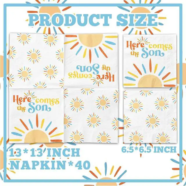 Alt view image 2 of 6 - Here Comes The Son Baby Shower Decoration, 40pcs Disposable Retro Boho Sun Napkins Paper Little Ray Of Sunshine Baby Shower Napkins The Boho Sun Party Decorations for Boys Kids Birthday Supplies