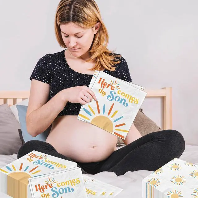 Alt view image 3 of 6 - Here Comes The Son Baby Shower Decoration, 40pcs Disposable Retro Boho Sun Napkins Paper Little Ray Of Sunshine Baby Shower Napkins The Boho Sun Party Decorations for Boys Kids Birthday Supplies