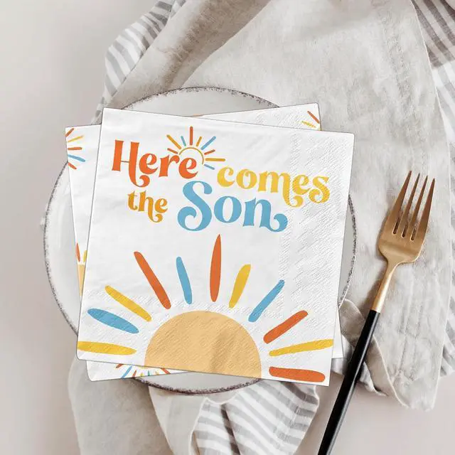 Alt view image 4 of 6 - Here Comes The Son Baby Shower Decoration, 40pcs Disposable Retro Boho Sun Napkins Paper Little Ray Of Sunshine Baby Shower Napkins The Boho Sun Party Decorations for Boys Kids Birthday Supplies