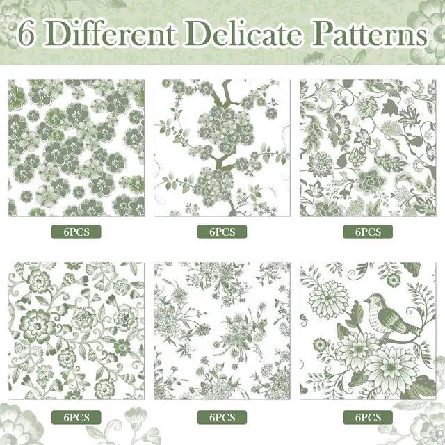 Alt view image 4 of 6 - Epakh 36 Pack 6 Style Sage Green Decoupage Chinoiserie Napkins, 13 inch