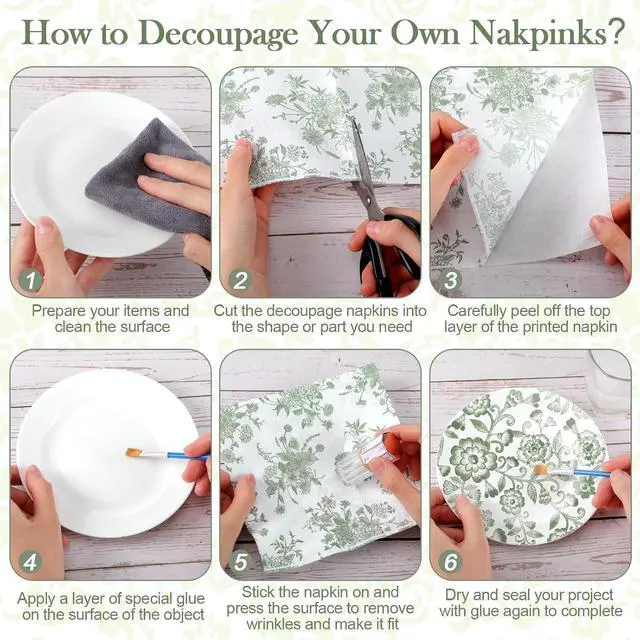 Alt view image 6 of 6 - Epakh 36 Pack 6 Style Sage Green Decoupage Chinoiserie Napkins, 13 inch