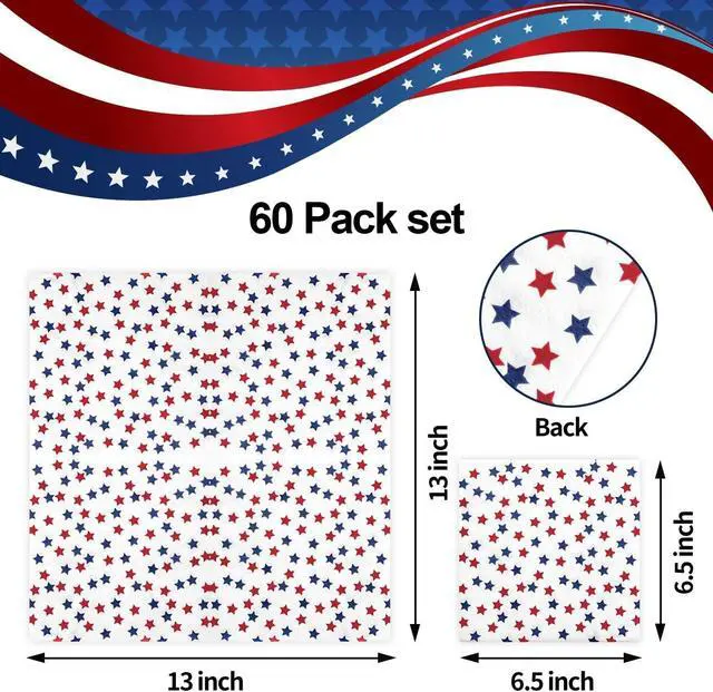 Alt view image 2 of 7 - Patriotic Party Supplies 4th of JULY paper napkins 60Count 6.5 x 6.5 inch Americana Stars Cocktail Napkins for Parties,Veterans Day Election Day 4th of July Independence Day Decorations